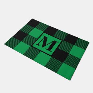 Monogram Green and Black Buffalo Plaid Christmas Doormat