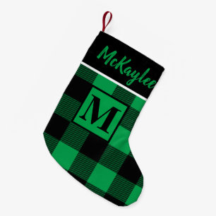 Monogram Green and Black Buffalo Plaid Personalise Small Christmas Stocking