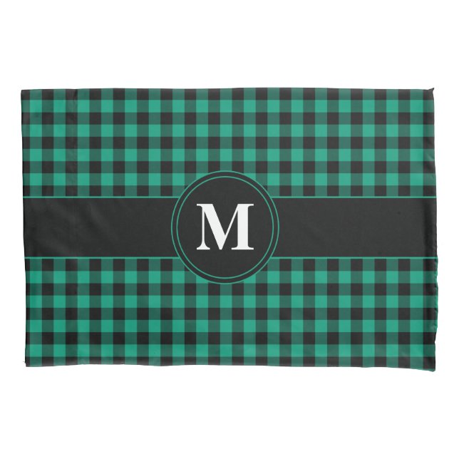 Monogram Green And Black Gingham Pattern Pillowcase (Front)