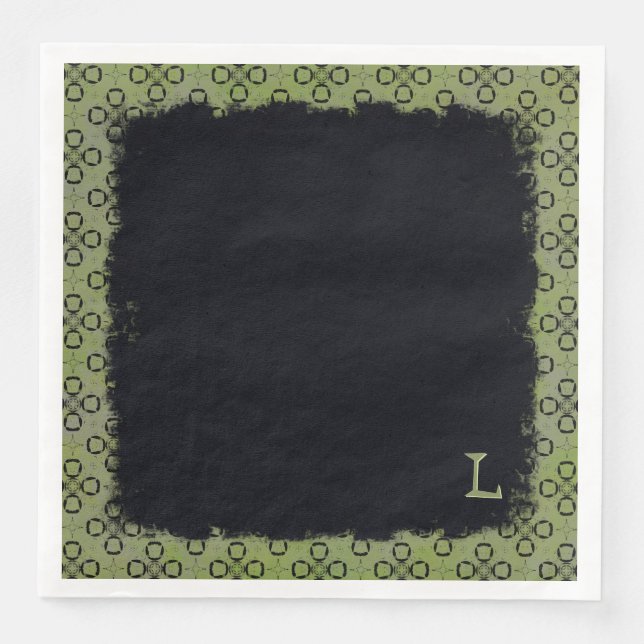 Monogram Green and Black Retro Pattern Napkin (Front)