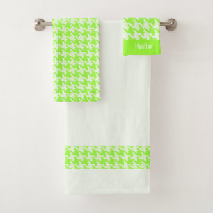 Monogram green and white houndstooth bath towel set