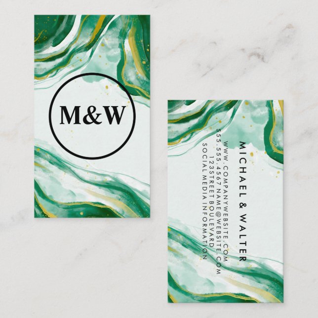 Monogram | Green Artistic Watercolor Texture Business Card (Front/Back)