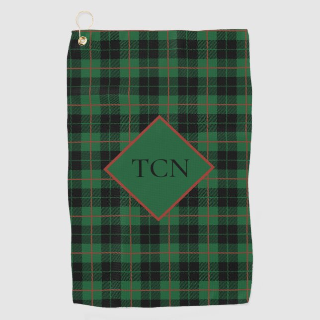 Monogram Green Black Red Plaid Tartan Scottish Golf Towel (Front)