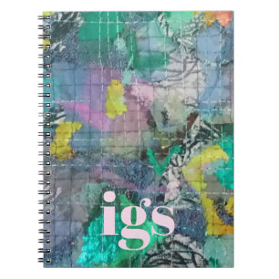 Monogram green blue abstract botanical pattern notebook