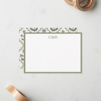Monogram Green & Blue Floral Stationery Set Card