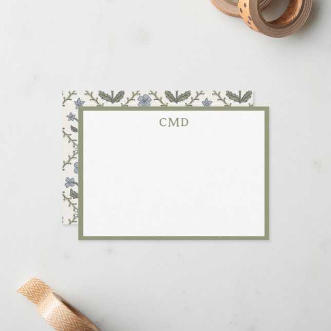 Monogram Green & Blue Floral Stationery Set Card (Creator Uploaded)