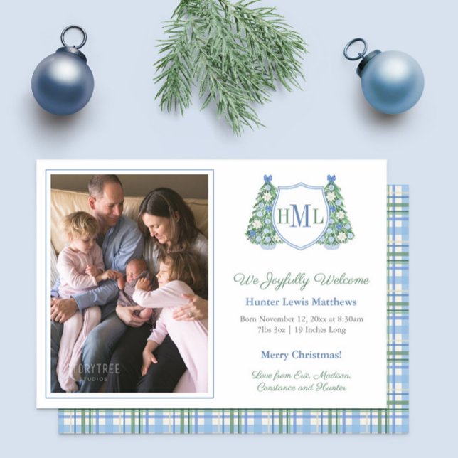 Monogram Green Blue Holidays Photo Baby Boy Birth  Announcement (Preppy Christmas Monogram photo birth announcement cards for baby boy in light blue and green)