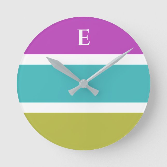 Monogram Green Blue Stripe Contemporary Wall Clock (Front)