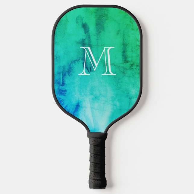 Monogram Green Blue Watercolor Texture Abstract  Pickleball Paddle (Front)
