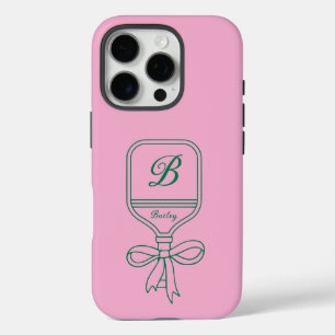 Monogram Green Bow Pickleball Paddle Pink iPhone 16 Pro Case