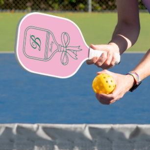 Monogram Green Bow Pink Pickleball Paddle 