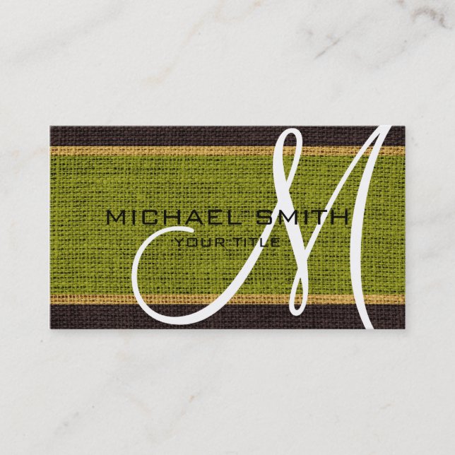 Monogram Green Burlap Linen Rustic Jute Business Card (Front)