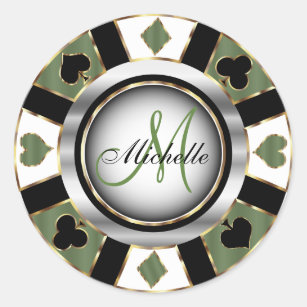Monogram Green Casino Poker Chip Design Classic Round Sticker