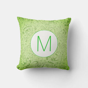 Monogram Green Color Embossed Floral Cushion