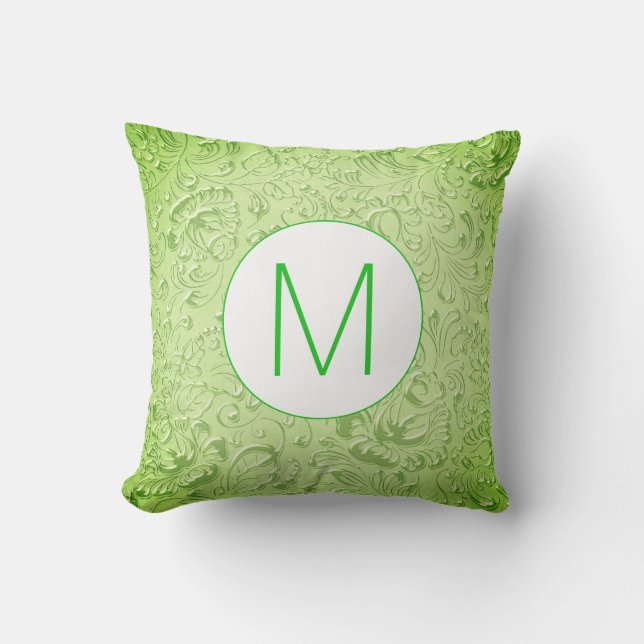 Monogram Green Colour Embossed Floral Cushion (Front)