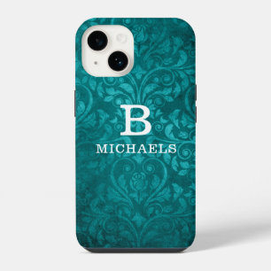 Monogram Green Damask Floral Personalised Name iPhone 14 Case