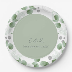 Monogram Green Eucalyptus Wedding Reception Party  Paper Plate