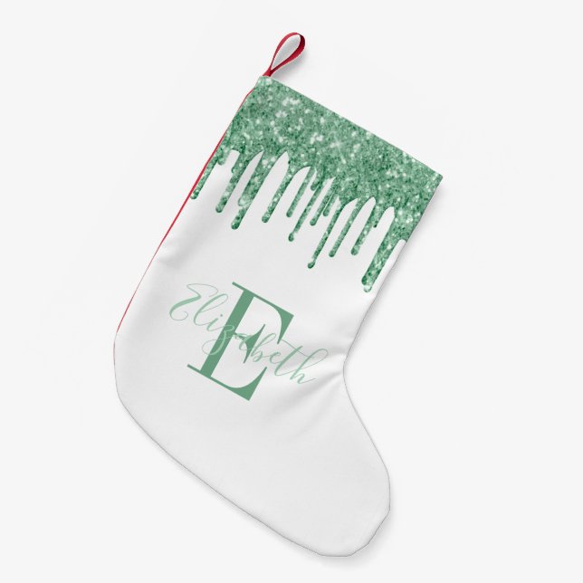 Monogram Green Faux Glitter Drips White Small Christmas Stocking (Front (Hanging))