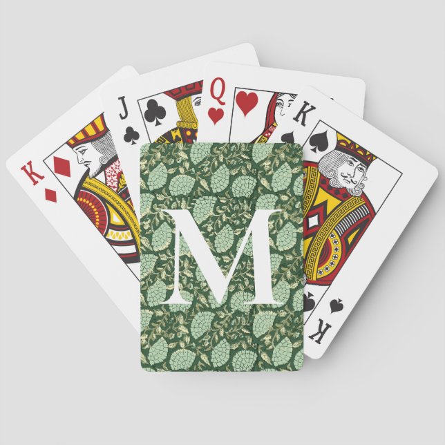 Monogram Green Floral Block Print Playing Cards (Back)