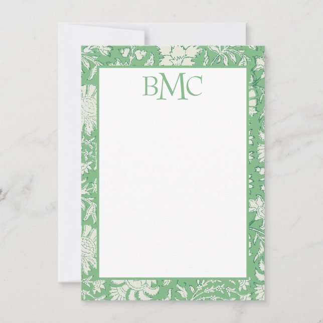 Monogram Green Floral Block Print Stationery Thank You Card (Front)