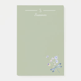 Monogram Green Floral Dragonfly Botanical Cottage Post-it Notes
