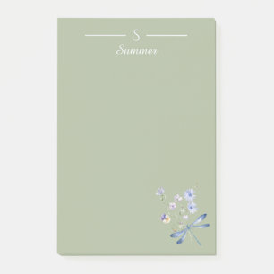Monogram Green Floral Dragonfly Botanical Cottage Post-it Notes