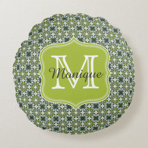 Monogram Green Flowers Pattern Round Cushion