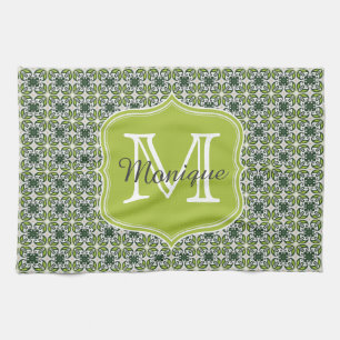 Monogram Green Flowers Pattern Tea Towel