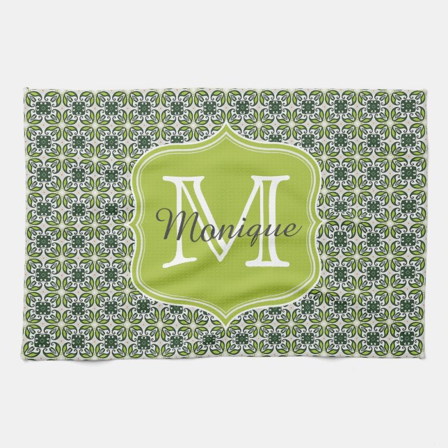Monogram Green Flowers Pattern Tea Towel (Horizontal)