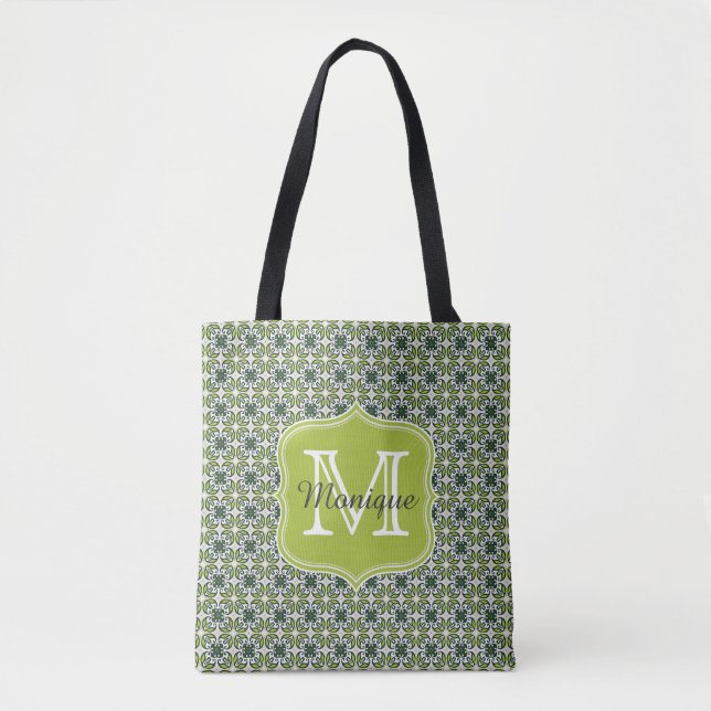 Monogram Green Flowers Pattern Tote Bag (Front)