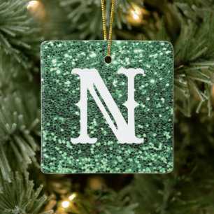 Monogram Green Glitter Metallic Christmas Holiday  Ceramic Ornament