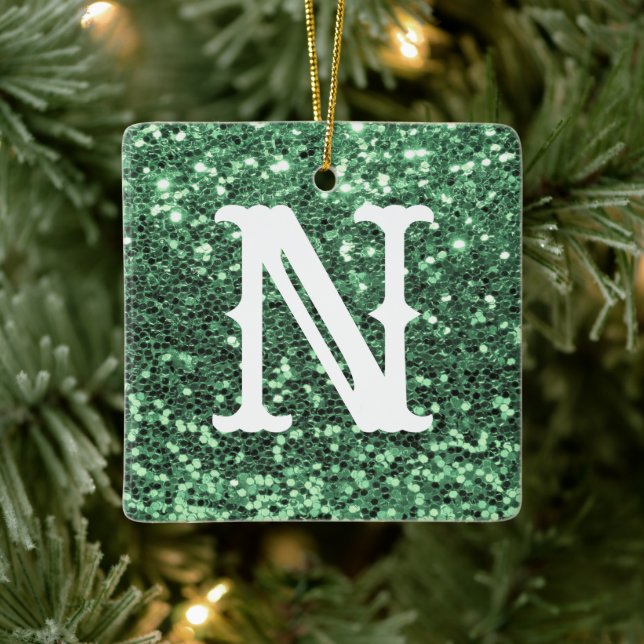 Monogram Green Glitter Metallic Christmas Holiday  Ceramic Ornament (Tree)