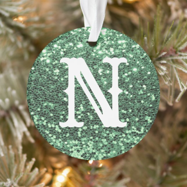 Monogram Green Glitter Metallic Christmas Holiday Ornament (Tree)