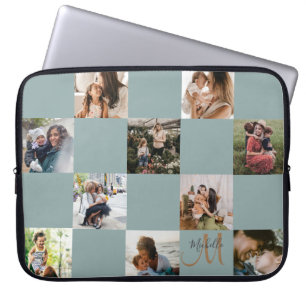 Monogram Green & Gold Photo Collage Laptop Sleeve
