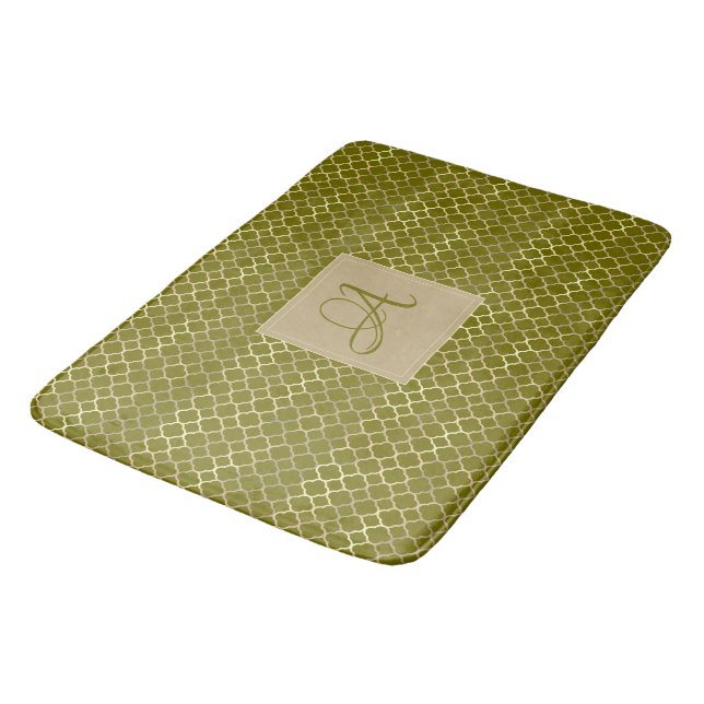 Monogram Green Gold Quatrefoil Newlyweds Wedding Bath Mat (Angled)