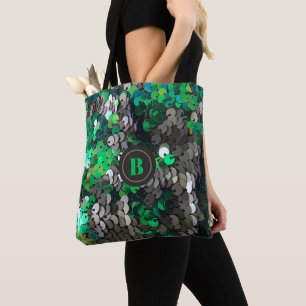Monogram green grey glitter sequins shiny sparkle  tote bag