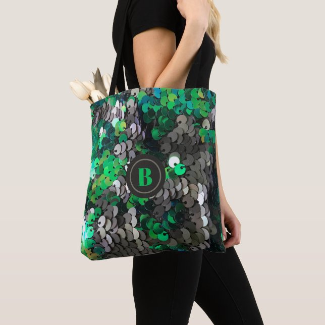 Monogram green grey glitter sequins shiny sparkle  tote bag (Close Up)