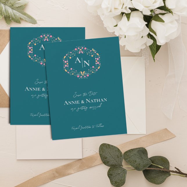 Monogram Green Intricate Floral Frame Wedding Announcement (Monogram Green Intricate Floral Frame Wedding Announcement)