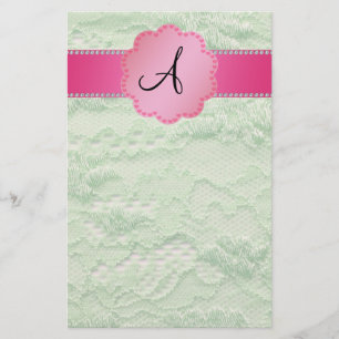 Monogram green lace stationery
