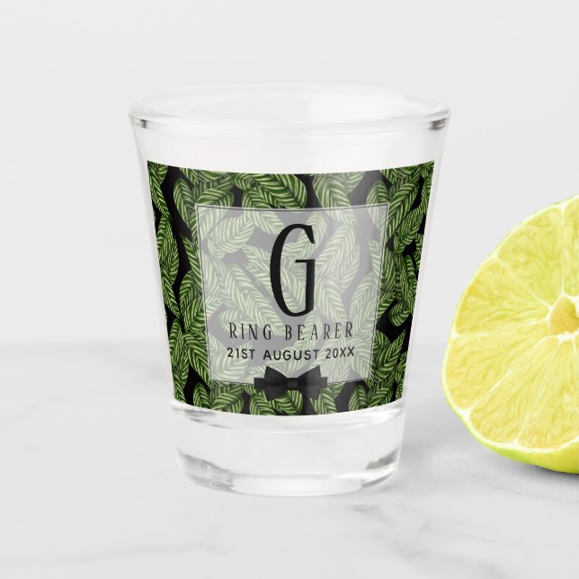 Monogram Green Leaf Tropical RING BEARER Wedding Shot Glass (Front)