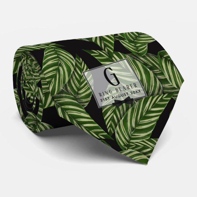 Monogram Green Leaf Tropical RING BEARER Wedding Tie (Rolled)