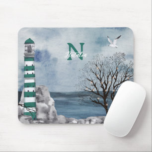 Monogram Green Lighthouse Watercolor Art Mouse Mat