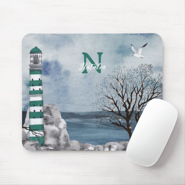 Monogram Green Lighthouse Watercolor Art Mouse Mat (With Mouse)