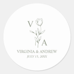 Monogram Green Minimalist Boho Wedding  Classic Round Sticker