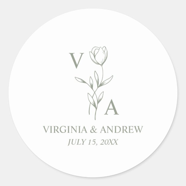 Monogram Green Minimalist Boho Wedding  Classic Round Sticker (Front)