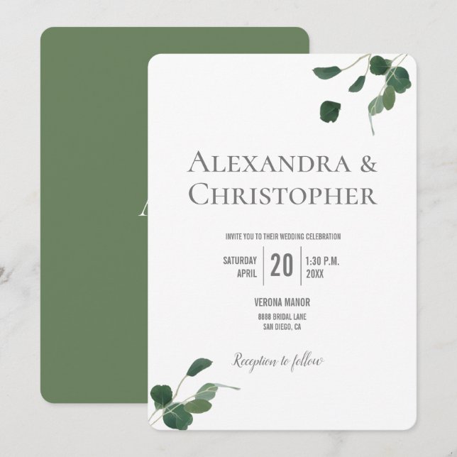 Monogram Green Modern Eucalyptus leaves botanical Invitation (Front/Back)