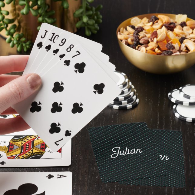 Monogram green net mesh on black playing cards (In Situ)