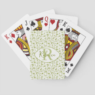 Monogram Green Olive Leaf Mediterranean Pattern Playing Cards