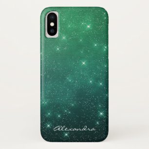 Monogram Green Ombre Sparkle Stars Midnight Sky iPhone X Case