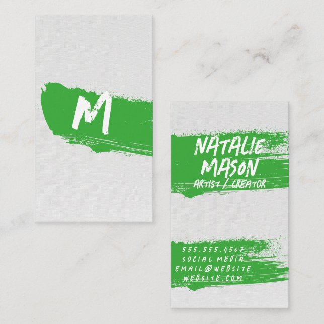 Monogram Green Paint Brushed on Canvas Business Card (Front/Back)